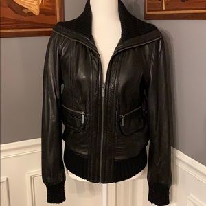 Black leather bomber jacket